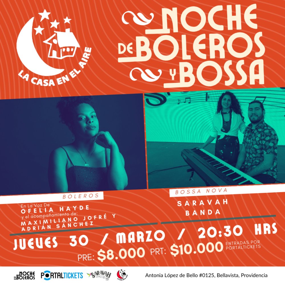 Flyer Evento NOCHE DE BOLEROS Y BOSSA EN LA CASA EN EL AIRE