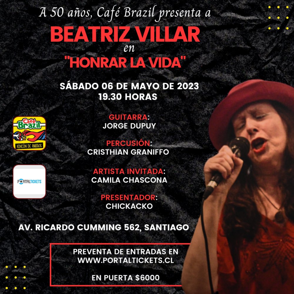 Flyer Evento BEATRIZ VILLAR PRESENTA: HONRAR  LA VIDA EN CAFÉ BRAZIL