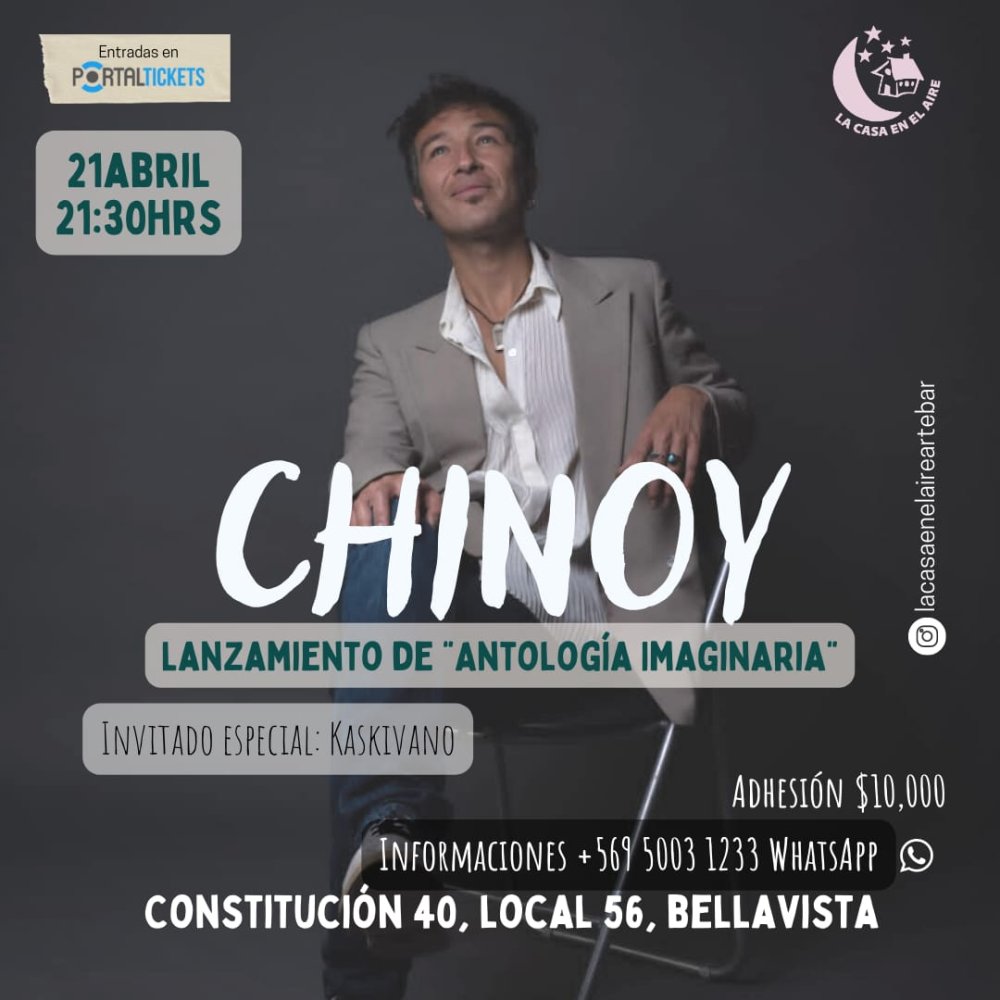 Flyer Evento CHINOY LANZA ANTOLOGIA IMAGINARIA EN LA CASA EN EL AIRE
