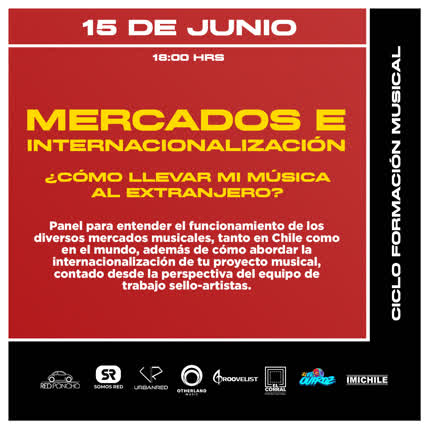 Flyer Evento MERCADOS E INTERNACIONALIZACION ¿COMO LLEVAR MI MUSICA AL EXTRANJERO? CICLO FORMACION MUSICAL RED PONCHO