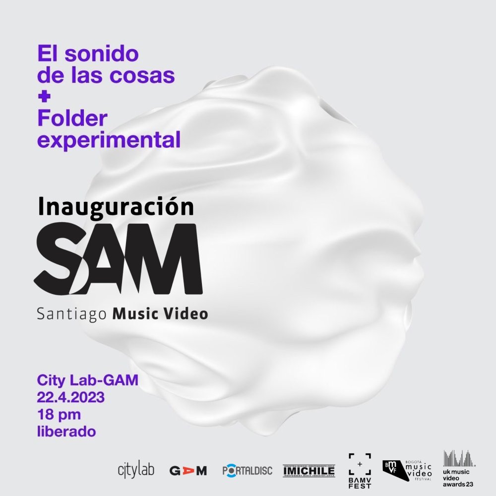 Flyer Evento INAUGURACION SANTIAGO MUSIC VIDEO, CONCIERTOS DE EL SONIDO DE LAS COSAS Y FOLDER
