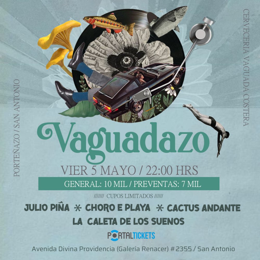Flyer Evento FIESTA EN LA VAGUADA - CACTUS ANDANTE - JULIO PIÑA - CHORO E PLAYA - LA CALETA DE LOS SUEÑOS EN SAN ANTONIO
