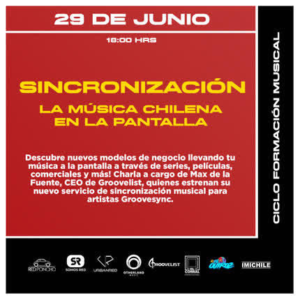 Flyer Evento SINCRONIZACION: LA MUSICA CHILENA EN LA PANTALLA. CICLO FORMACION MUSICAL RED PONCHO