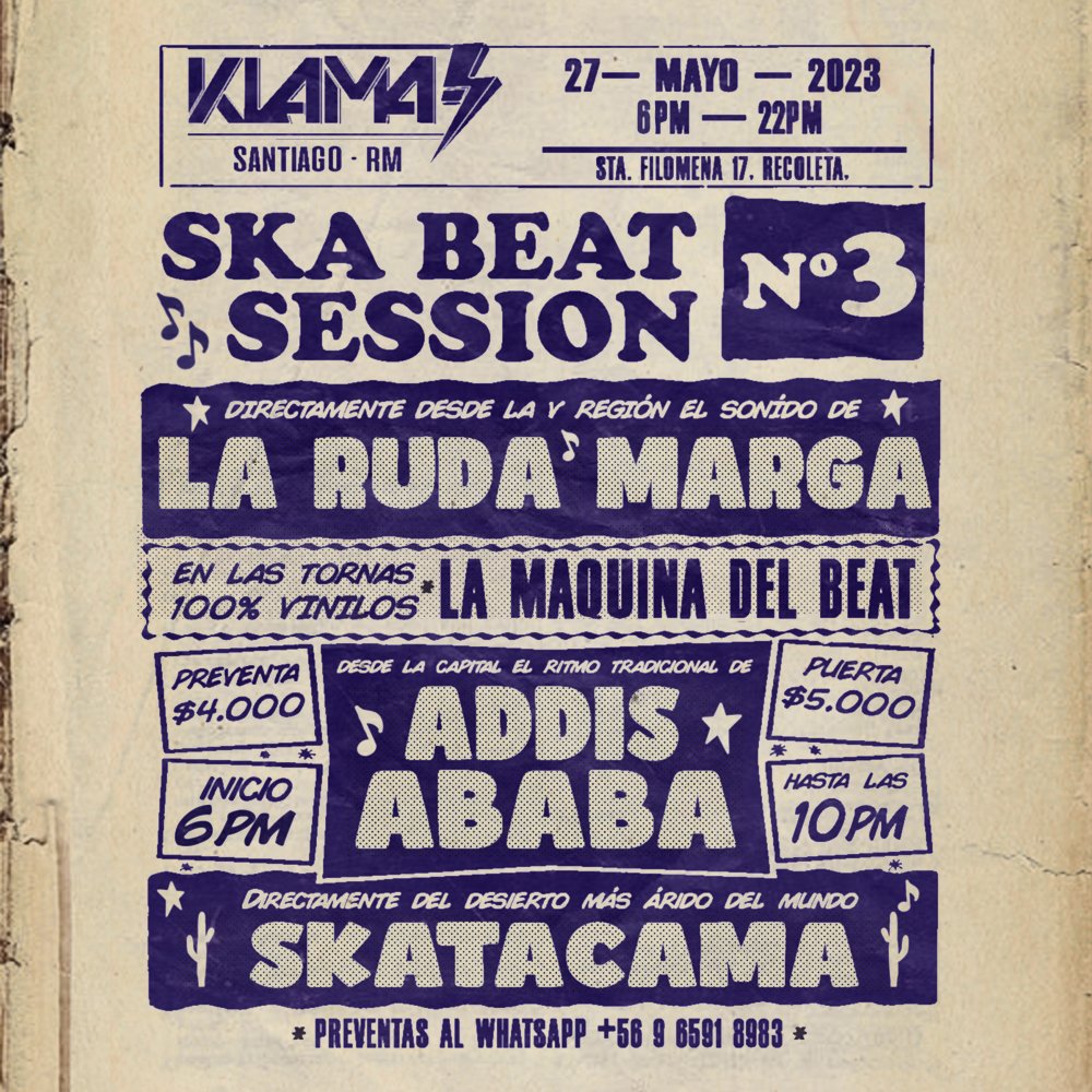 Flyer Evento SKA BEAT SESSION Nº3 - LA RUDA MARGA + SKATACAMA + ADDIS ABABA ⚡KLAMA