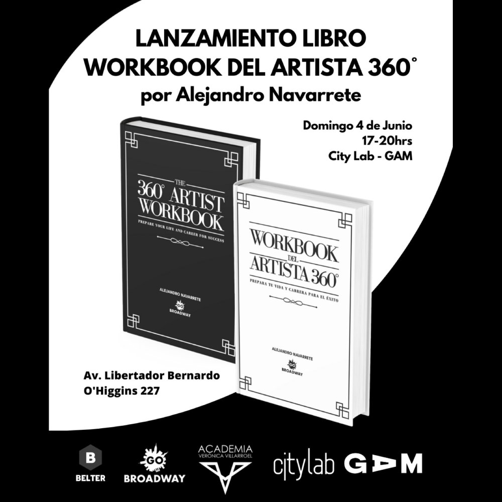 Flyer Evento LANZAMIENTO LIBRO WORKBOOK DEL ARTISTA 360 DE ALEJANDRO NAVARRETE EN CITYLAB GAM