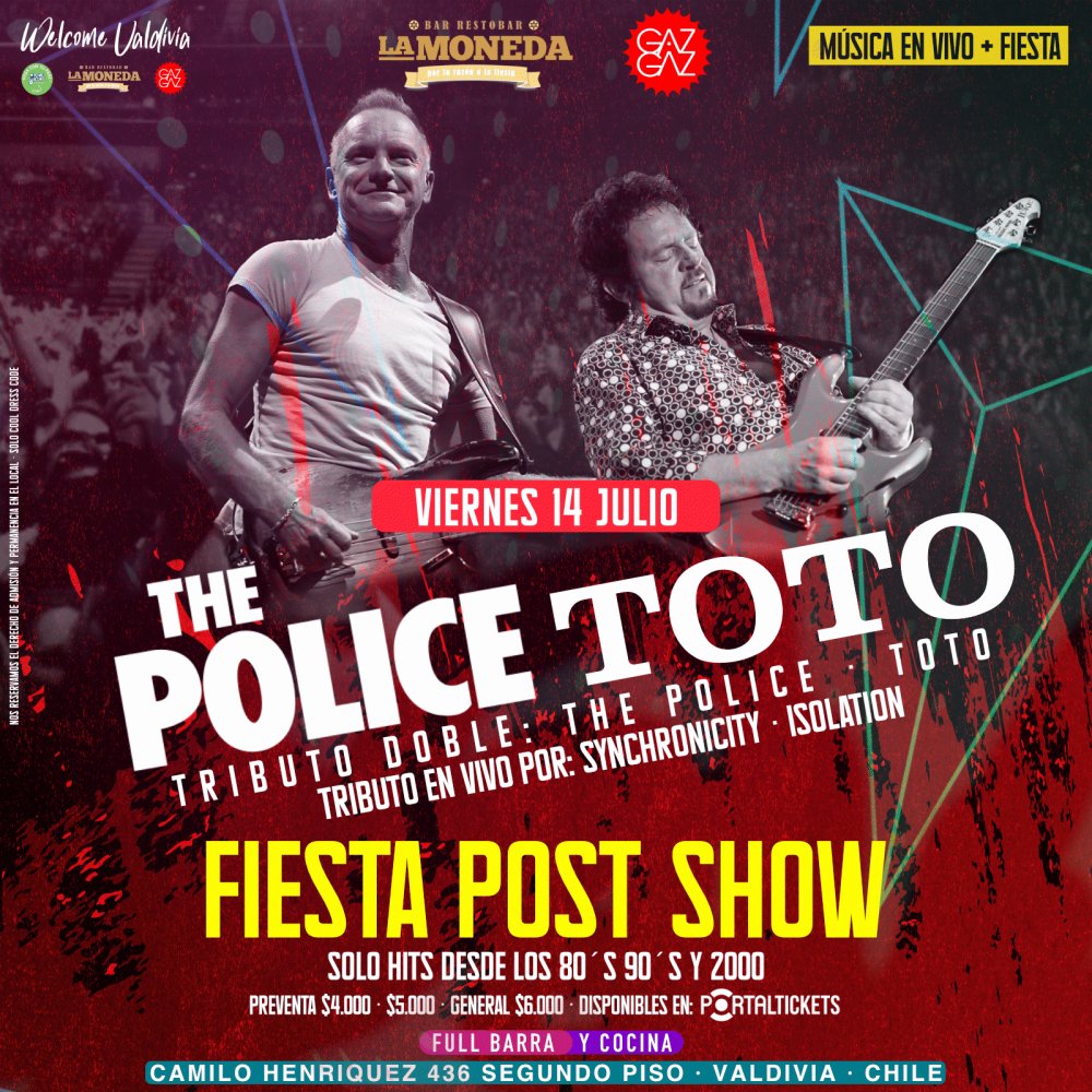 Flyer Evento TRIBUTO A THE POLICE Y TOTO EN GAZ GAZ VALDIVIA