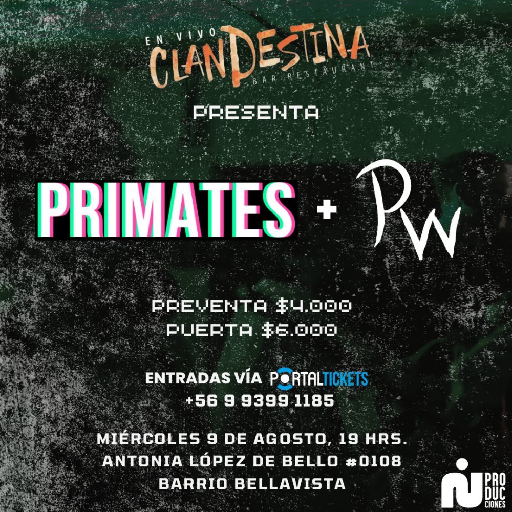 Flyer Evento PRIMATES + PW EN COCINA CLANDESTINA 