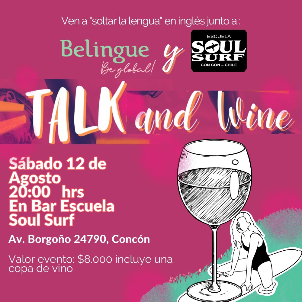 Flyer Evento EVENTO DE VINO E INGLES TALK AND WINE EN CONCON