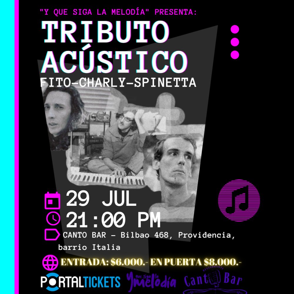 Flyer Evento TRIBUTO ACUSTICO FITO, CHARLY & SPINETTA EN CANTO BAR
