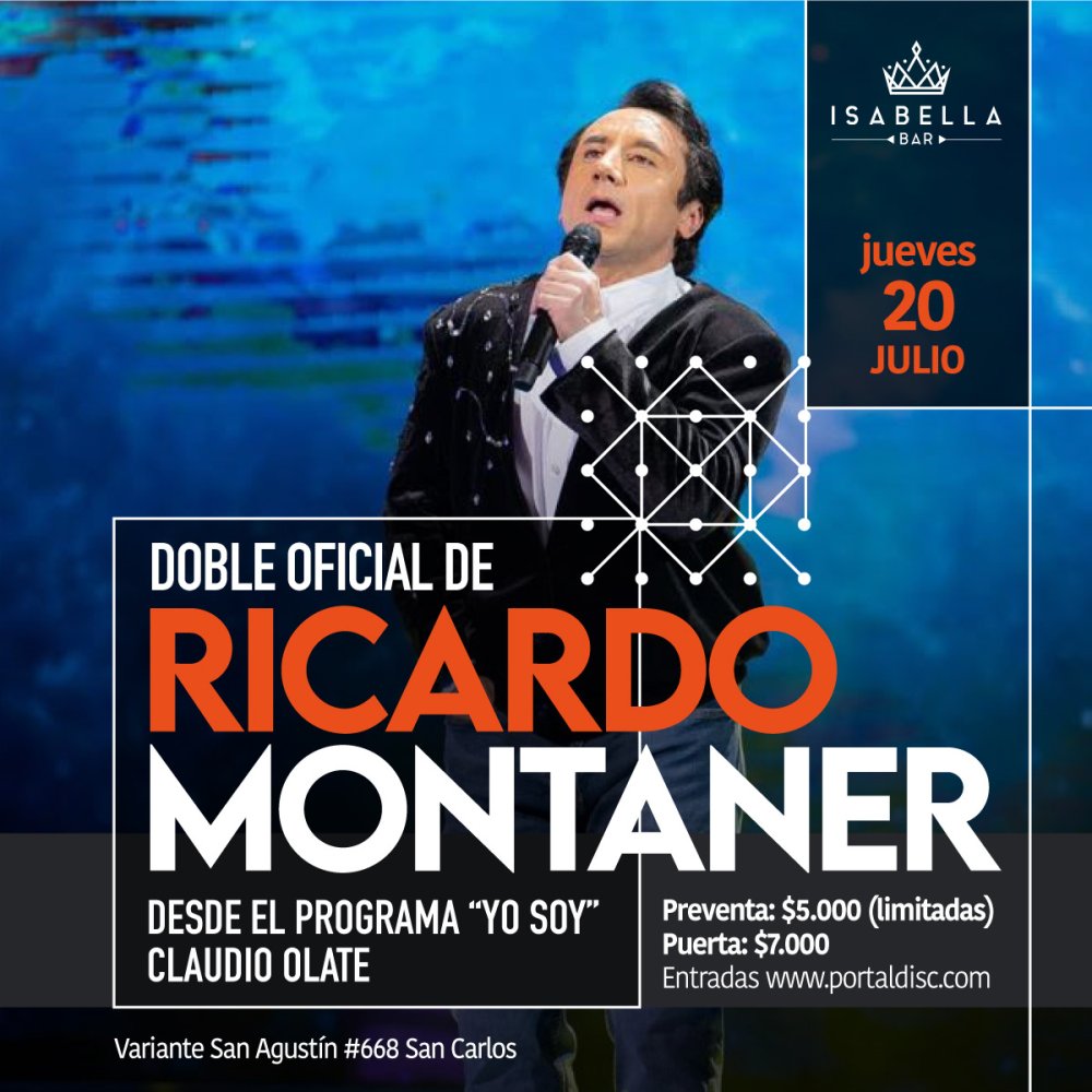 Flyer Evento DOBLE OFICIAL DE RICARDO MONTANER EN ISABELLA BAR SAN CARLOS