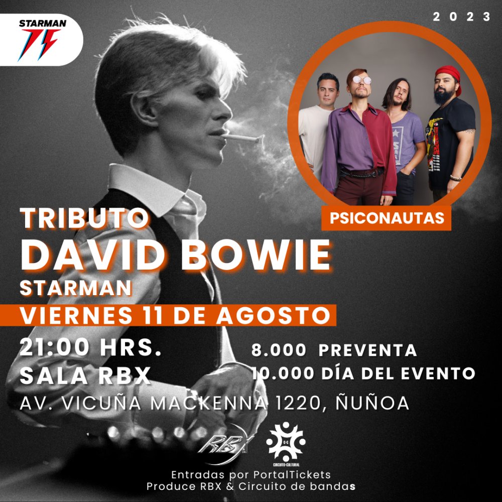 Flyer Evento TRIBUTO DAVID BOWIE (STARMAN) - LOS PSICONAUTAS EN SALA RBX