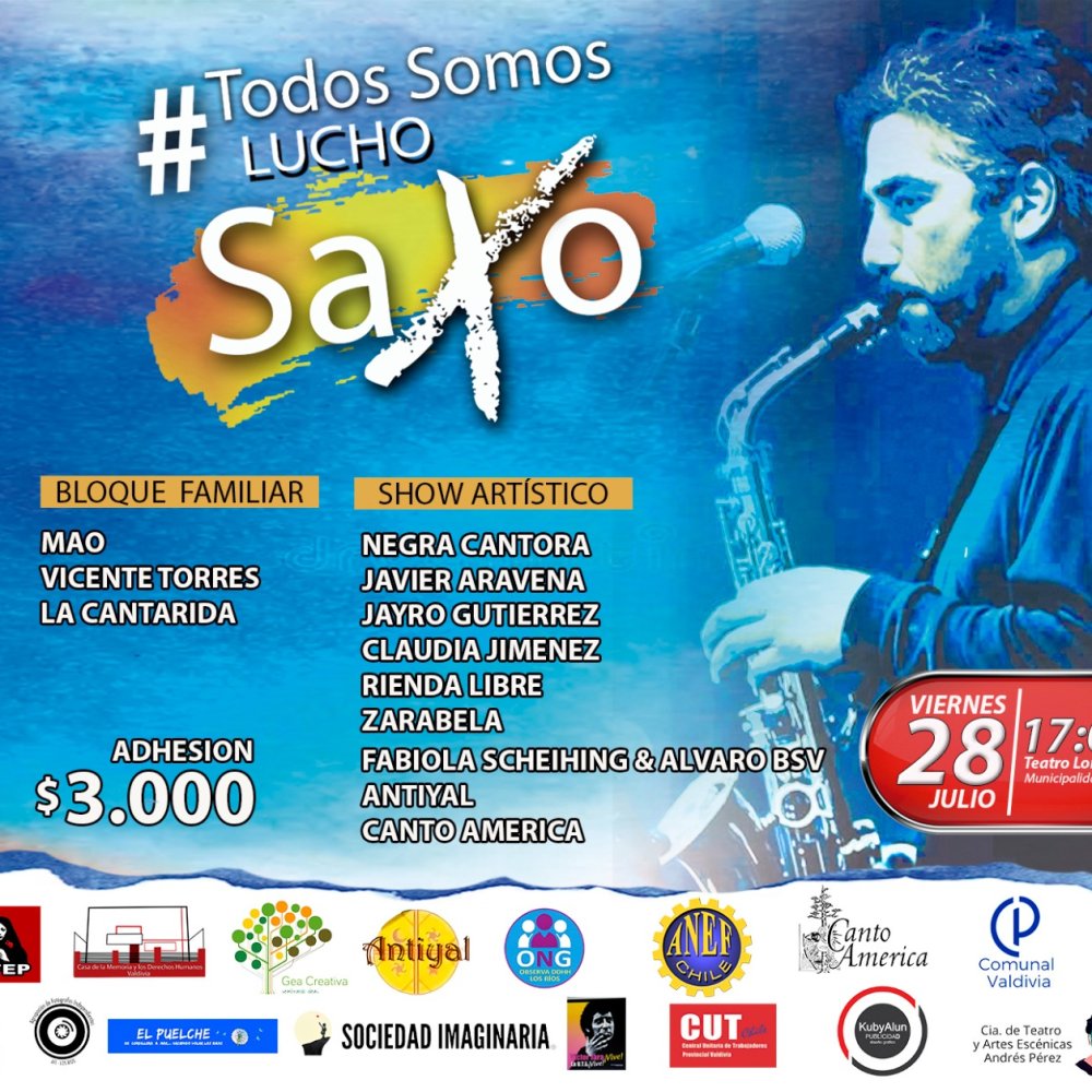 Flyer Evento CANTO SOLIDARIO EN APOYO AL MUSICO VALDIVIANO LUIS GUERRERO EN TEATRO LORD COCHRENE VALDIVIA