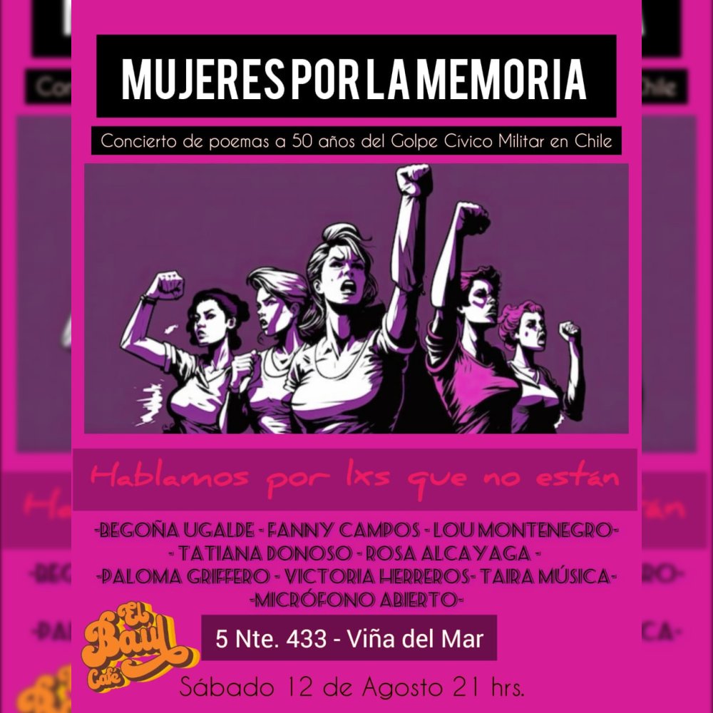 Flyer Evento MUJERES POR LA MEMORIA EN BAÚL CAFÉ VIÑA DEL MAR
