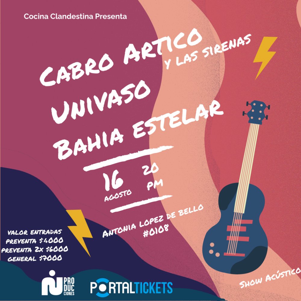 Flyer Evento SHOW ACUSTICO CABRO ARTICO + UNIVASO + BAHIA ESTELAR EN COCINA CLANDESTINA