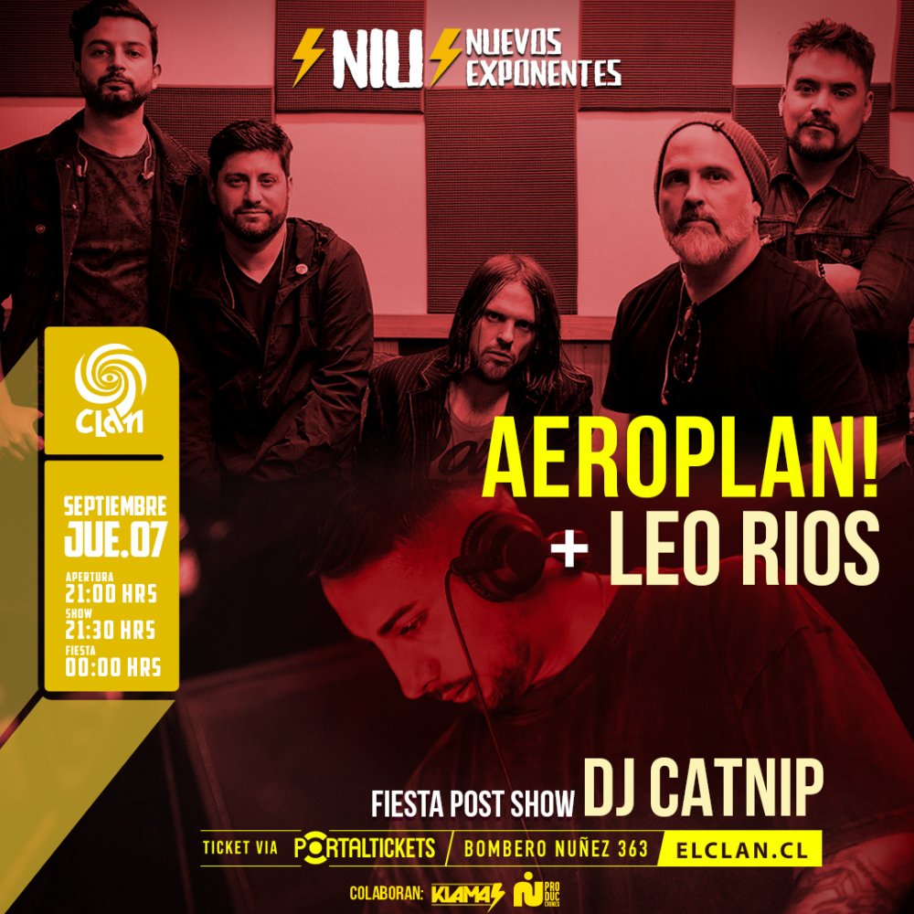 Flyer Evento CLAN PRESENTA ⚡NIU CICLOS⚡: AEROPLAN! & LEO RIOS