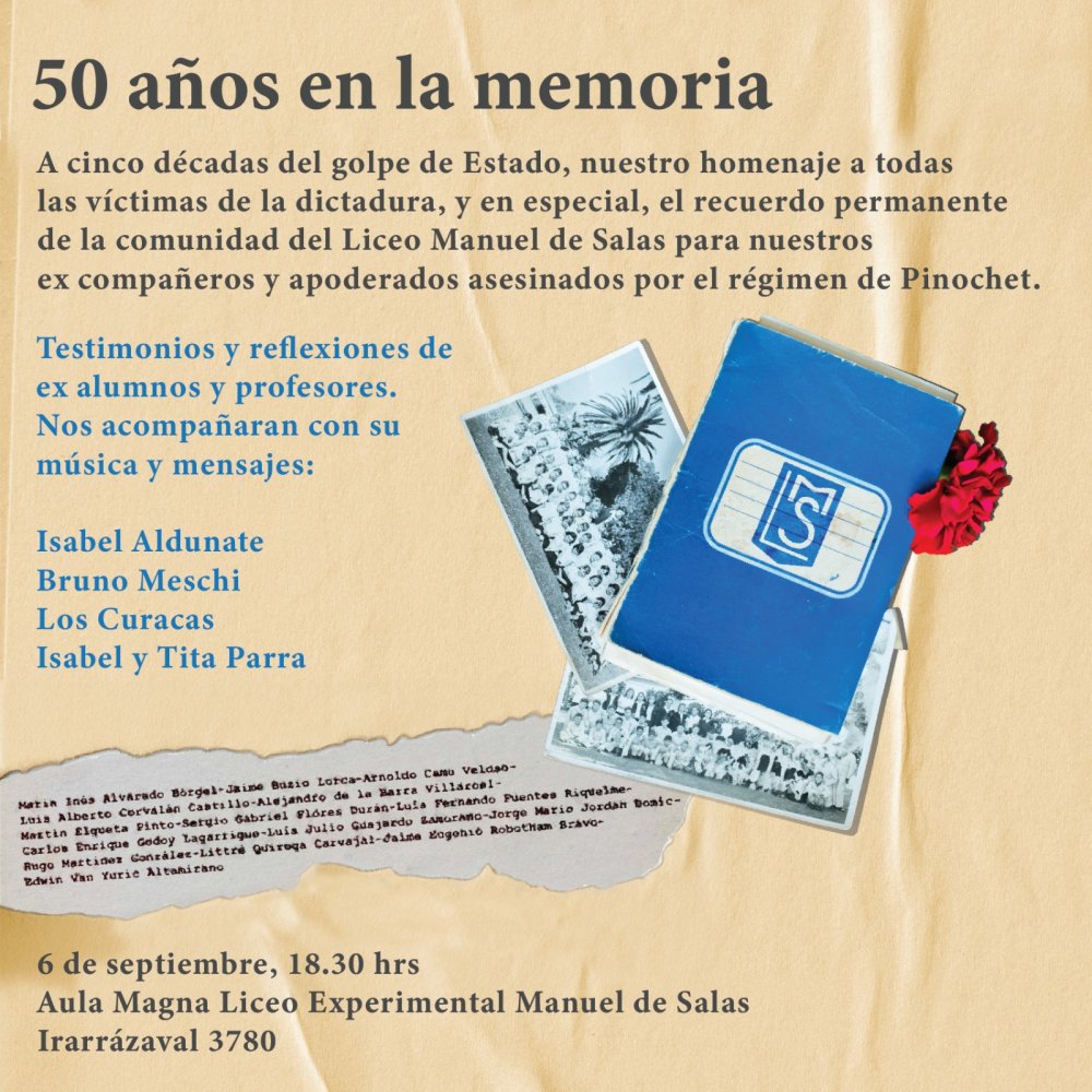 Flyer Evento 50 AÑOS EN LA MEMORIA EN EL AULA MAGNA DEL MANUEL DE SALAS