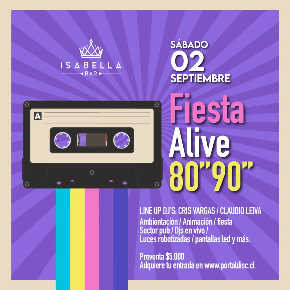 Flyer Evento FIESTA ALIVE 80” Y 90” EN ISABELLA BAR SAN CARLOS
