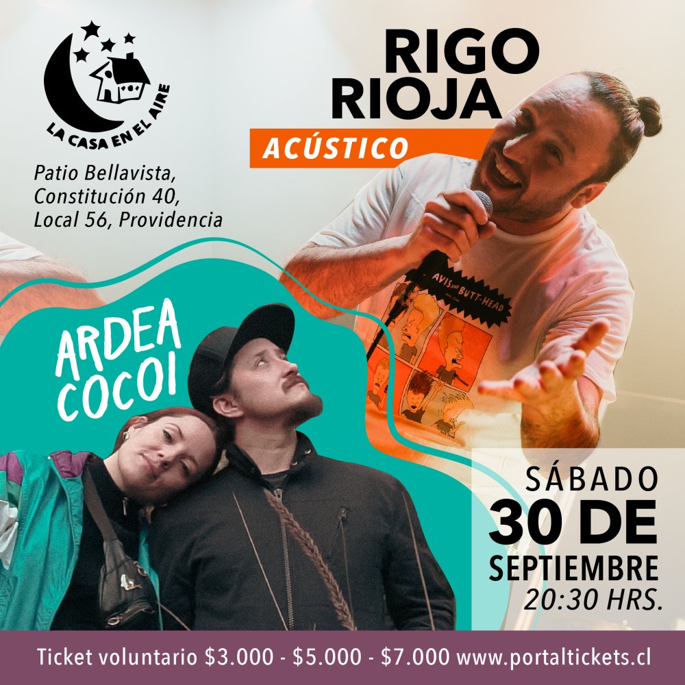 Flyer RIGO RIOJA ACUSTICO Y ARDEA COCOI EN LA CASA EN EL AIRE