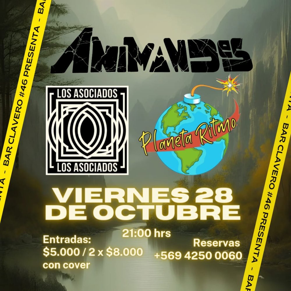 Flyer Evento LOS ASOCIADOS, PLANETA RITMO Y ANIMANDES EN VIVO BAR CLAVERO 46