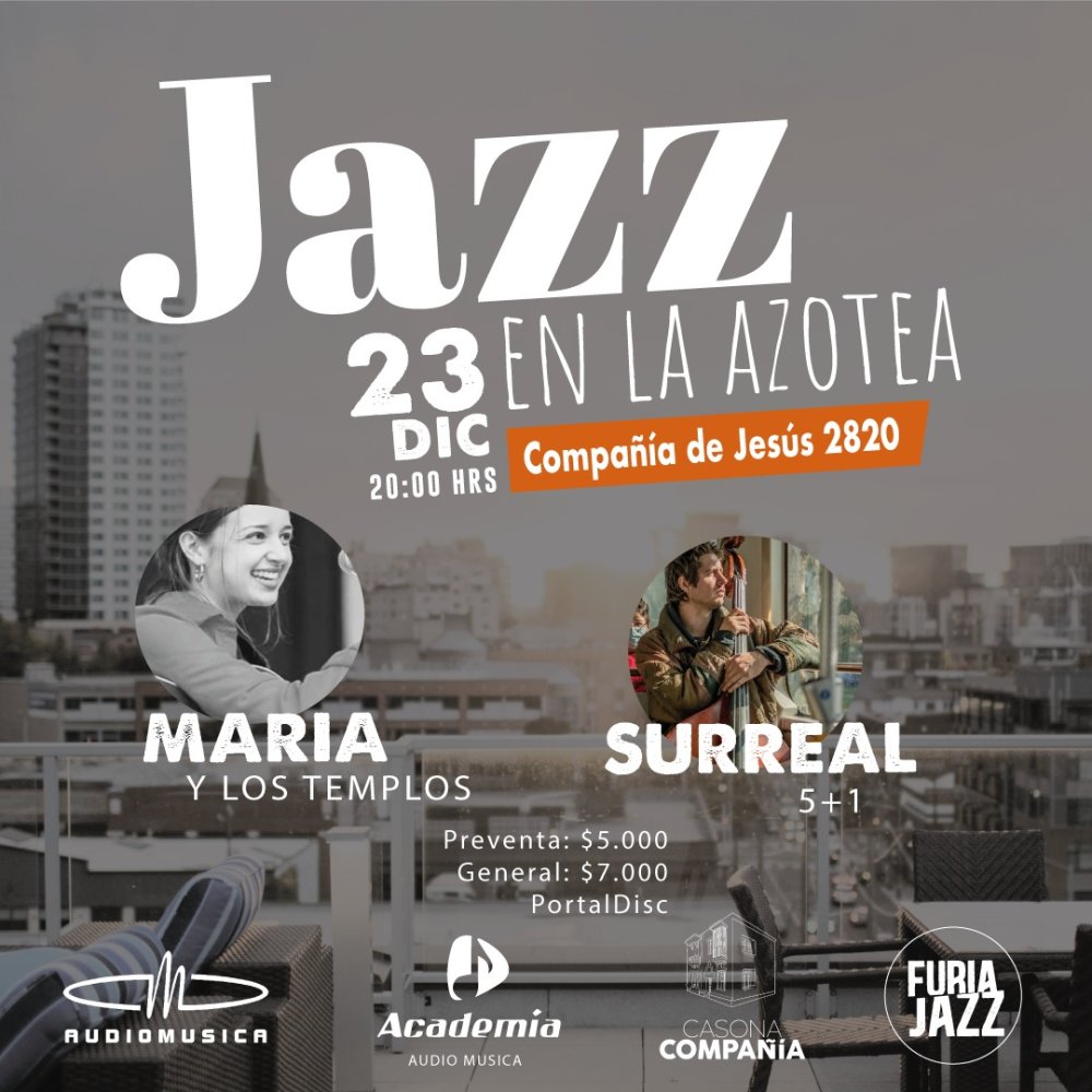 Flyer Evento JAZZ EN LA AZOTEA: MARIA Y LOS TEMPLOS + SURREAL 5+1